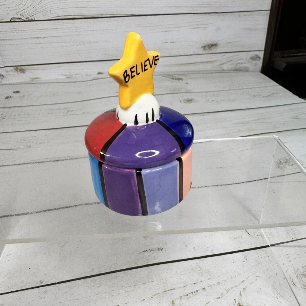 Colorful Ceramic Trinket Box Believe Star Lid Hand Painted Striped Heart Inside